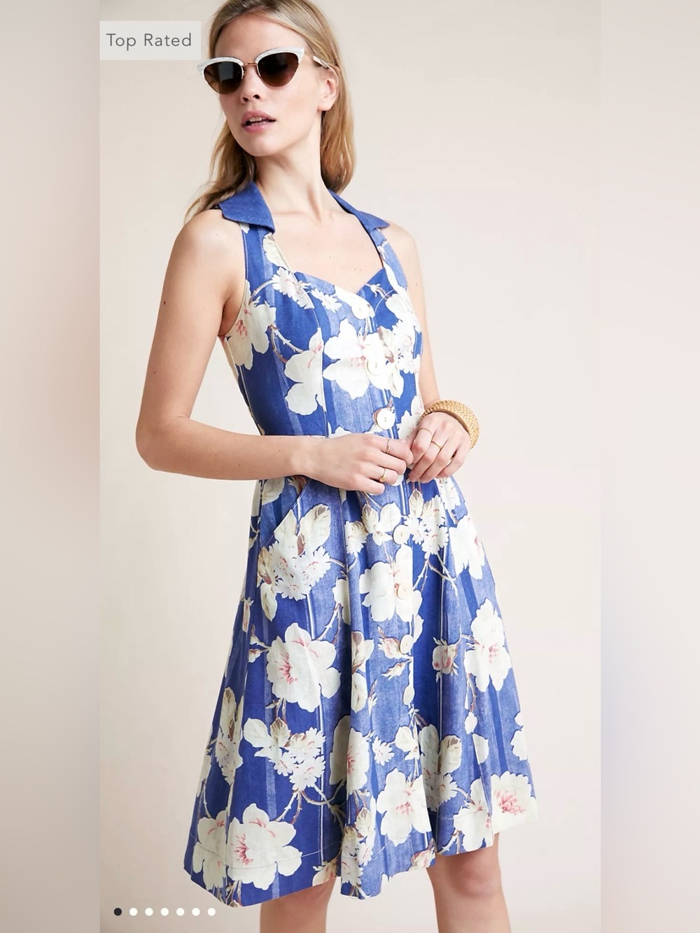 Anthropologie Navy Blue Floral Button-Front Dress